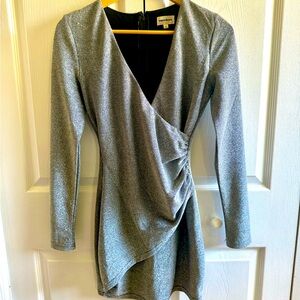 Superdown Long Sleeve Silver Dress Semi-Formal Mini Skirt Glitter Sparkle NYE